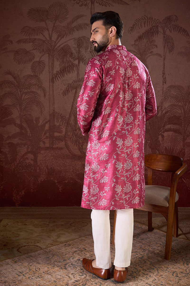 Red Silk Blend Floral Printed Straight Kurta MKU1975