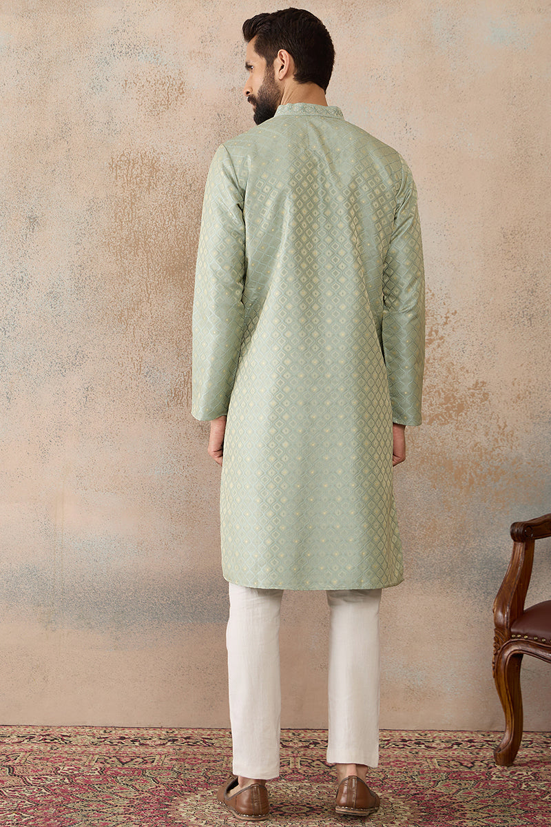 Teal Jacquard Ethnic Motifs Embroidered Kurta With Trouser MKSET2240