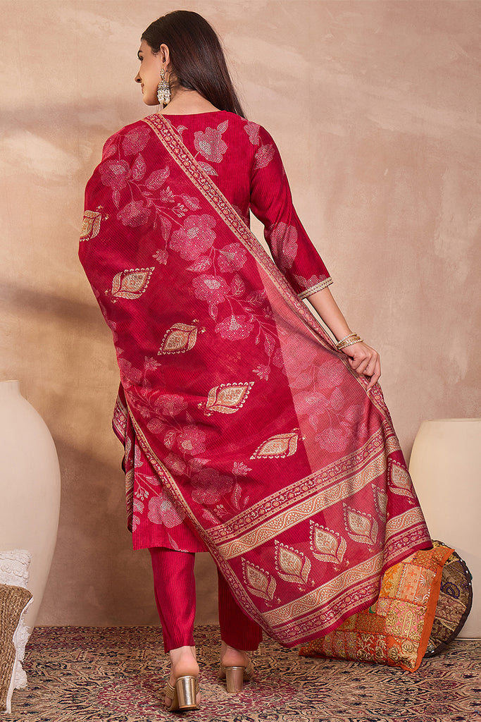 Pink Silk Blend Floral Printed Straight Kurta Trouser With Dupatta PKSKD3218