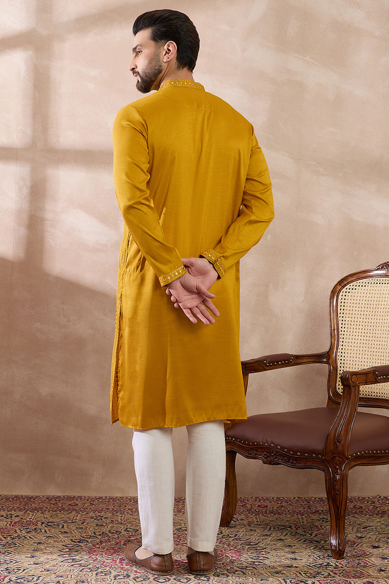 Mustard Silk Blend Embroidered Mandarin Collar Straight Kurta With Trouser MKSET1888