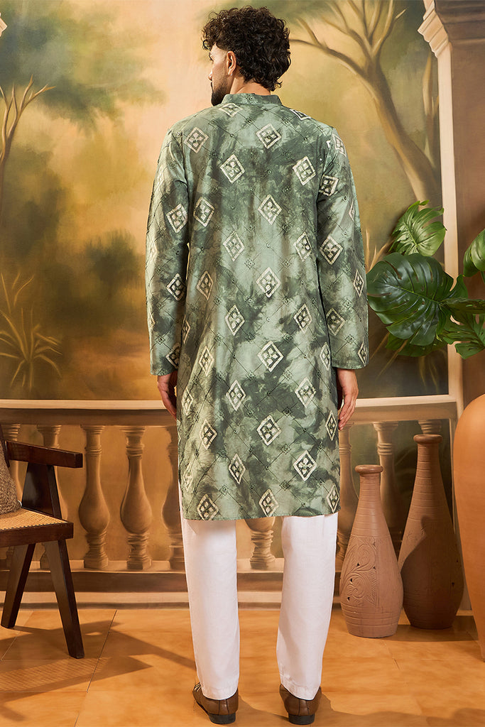 Green Silk Blend Batik Embroidered Straight Kurta with Trouser MKSET1464