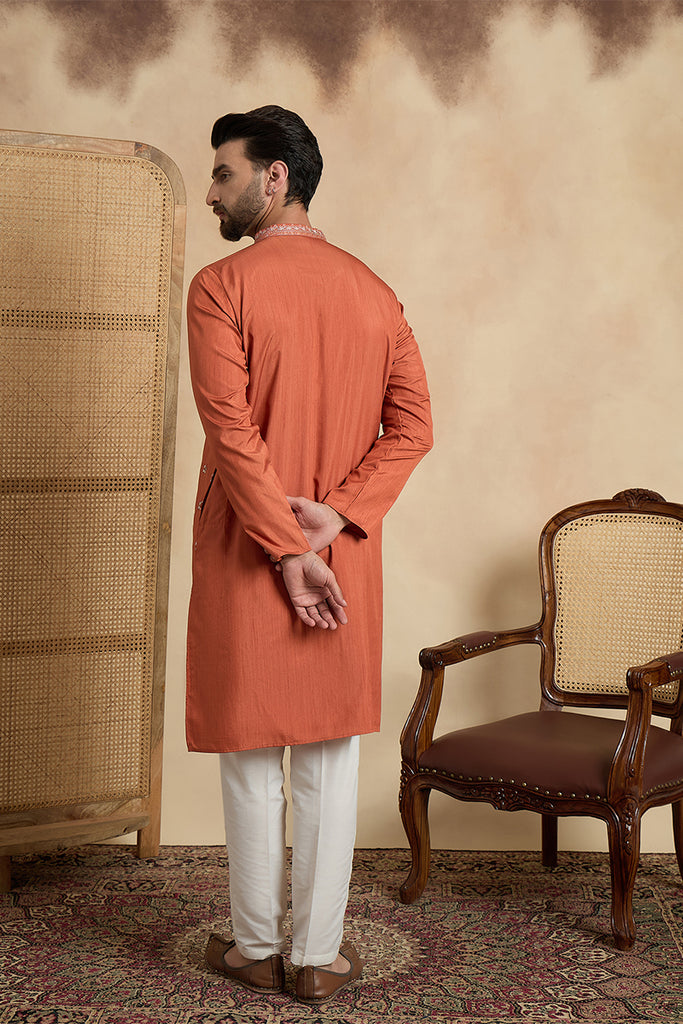 Orange Silk Blend Solid Embroidered Straight Kurta With Trouser MKSET2524