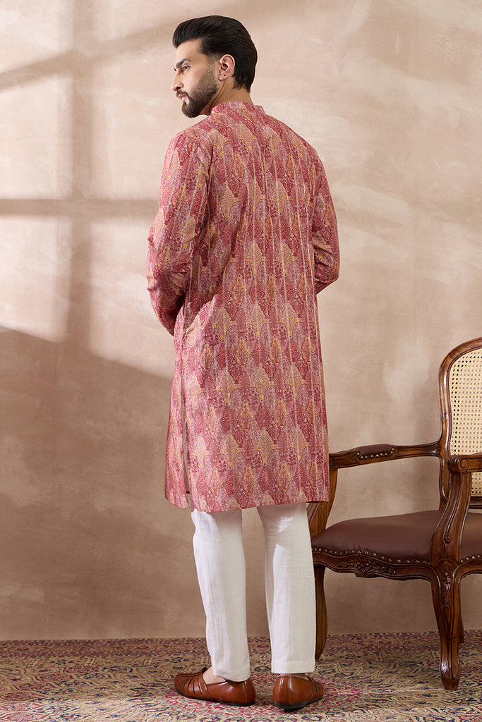 Pink Silk Blend Printed Mandarin Collar Straight Kurta MKU2054