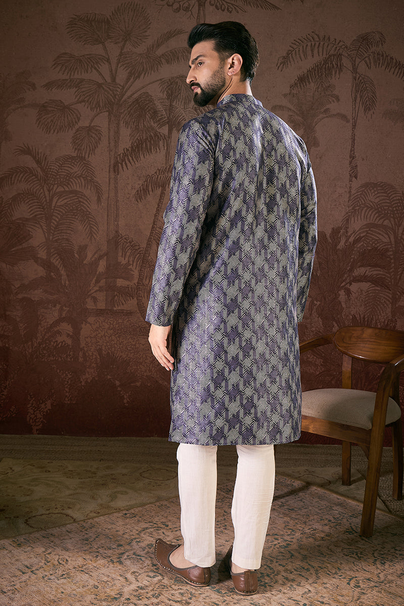 Violet Silk Blend Chevron Printed Straight Kurta With Trouser MKSET1917