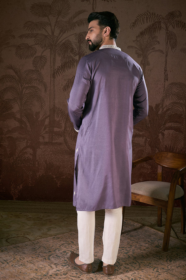 Lavender Silk Blend Solid Embroidered Straight Kurta With Trouser MKSET1792