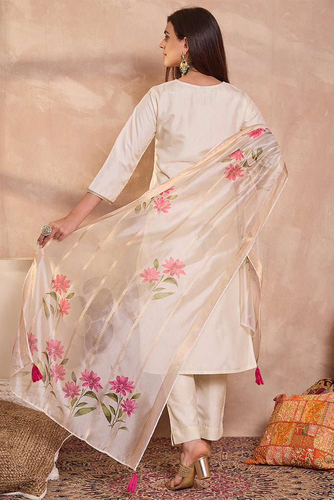Off White Silk Blend Solid Embroidered Straight Kurta Trouser With Dupatta PKSKD3103