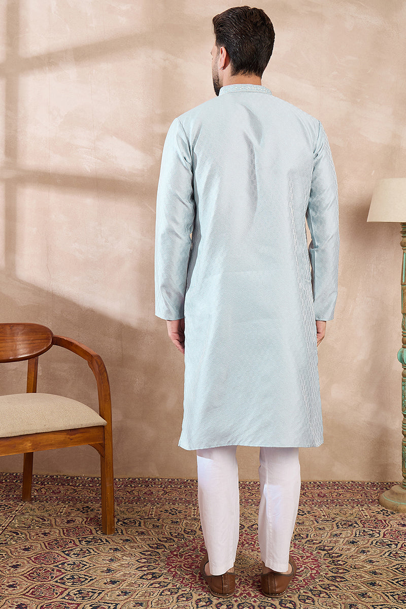 Blue Silk Blend Solid Woven Design Straight Kurta With Trouser MKSET1899