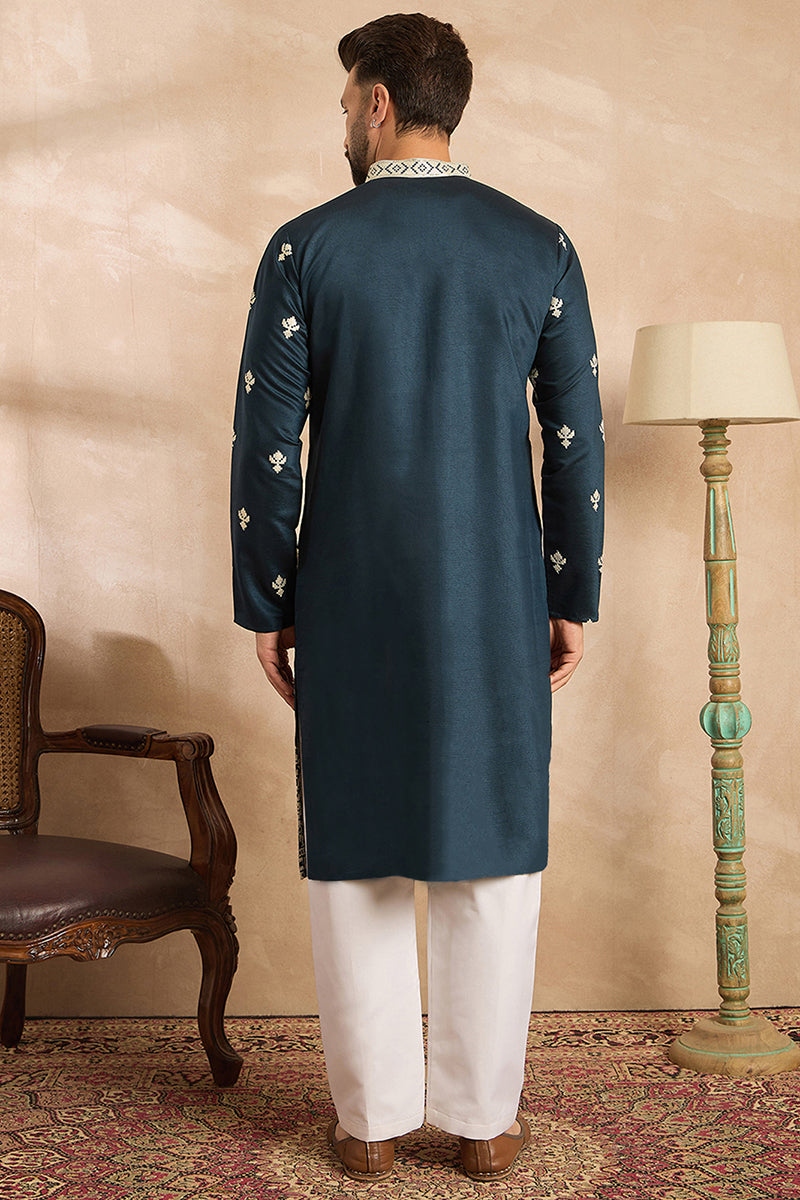 Navy Blue Polyester Solid Embroidered Straight Kurta With Trouser MKSET1810