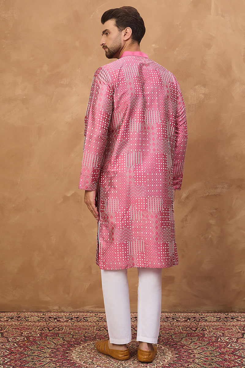 Pink Silk Blend Geometric Printed Straight Kurta With Pant Set MKSET1526