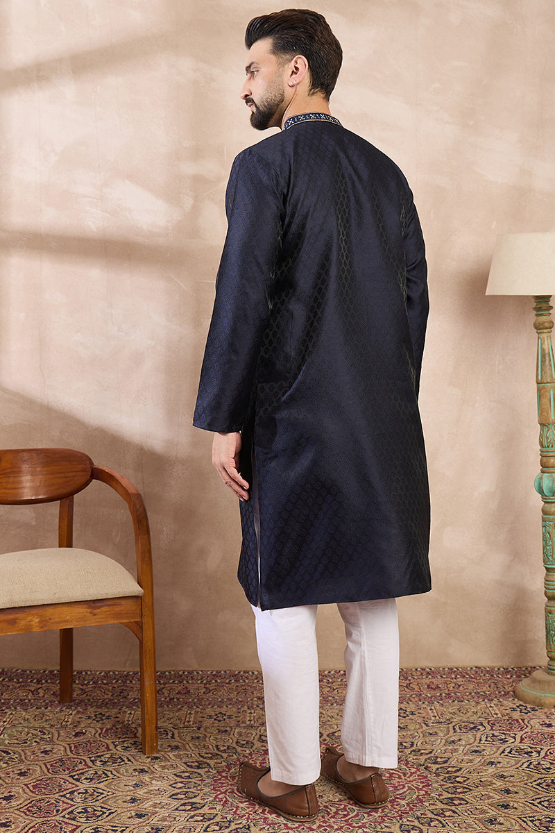 Navy Blue Silk Blend Solid Woven Design Straight Kurta With Trouser MKSET1853