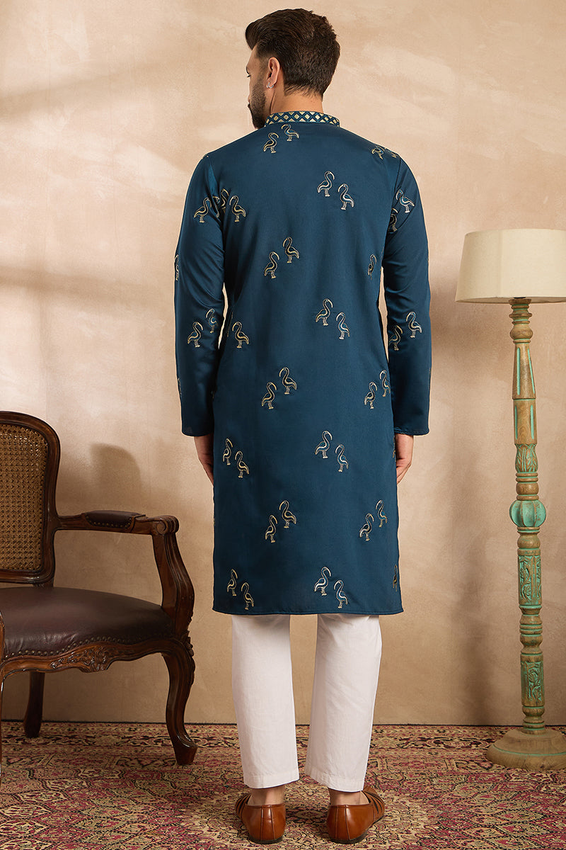 Navy Blue Silk Blend Solid Embroidered Straight Kurta With Trouser MKSET1816