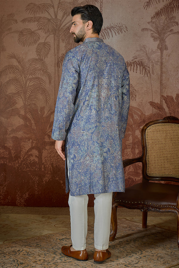 Blue Silk Blend Floral Embroidered Kurta With Trouser MKSET2504