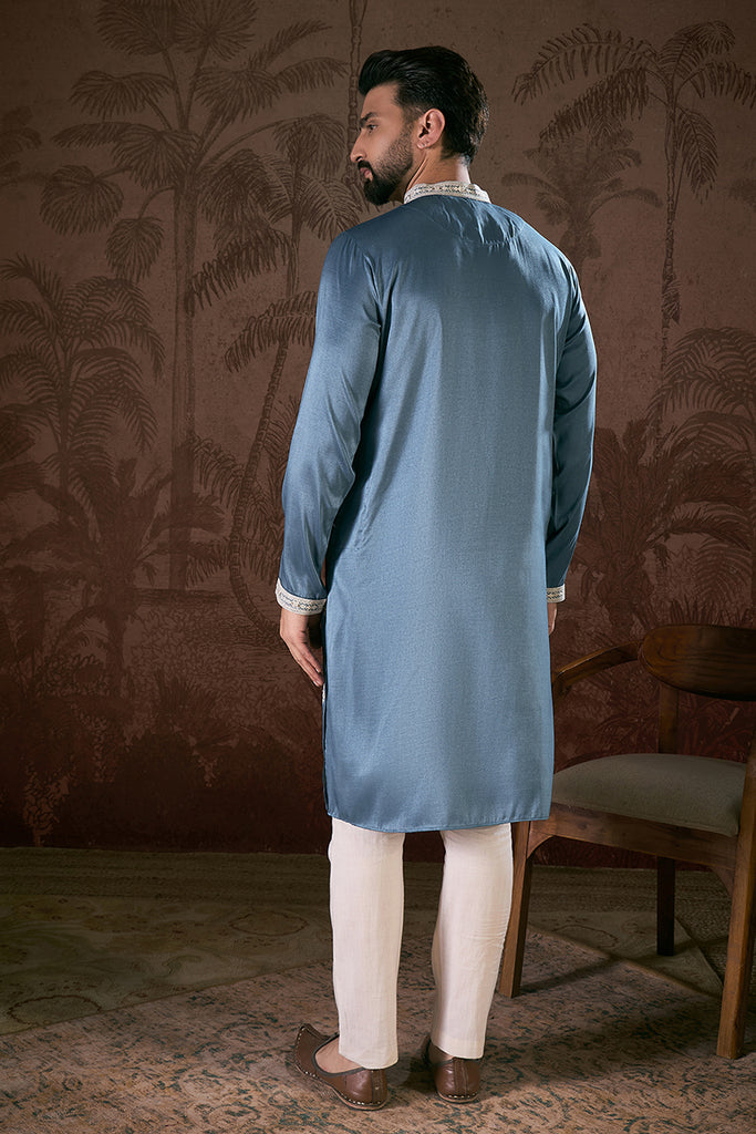 Blue Silk Blend Solid Embroidered Straight Kurta With Trouser MKSET1881