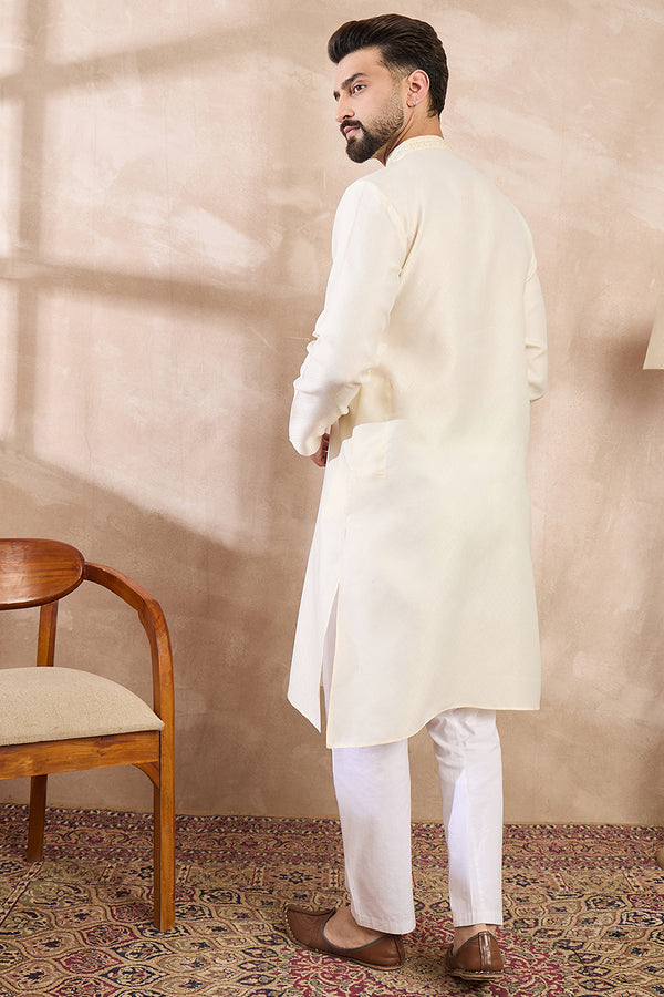 Off White Silk Blend Solid Embroidered Straight Kurta MKU1728