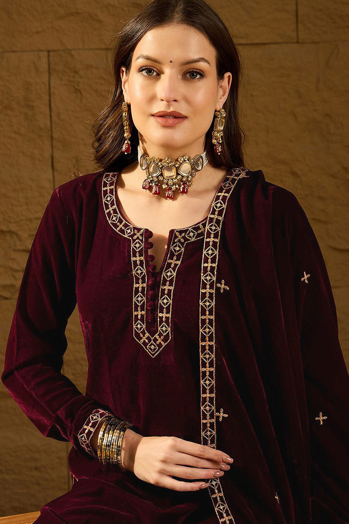 Purple Velvet Solid Embroidered Straight Palazzo Suit Set PKSKD2273