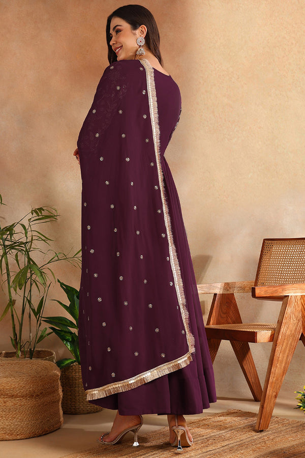 Wine Georgette Solid Embroidered Anarkali Kurta Set VKSET1520WIN