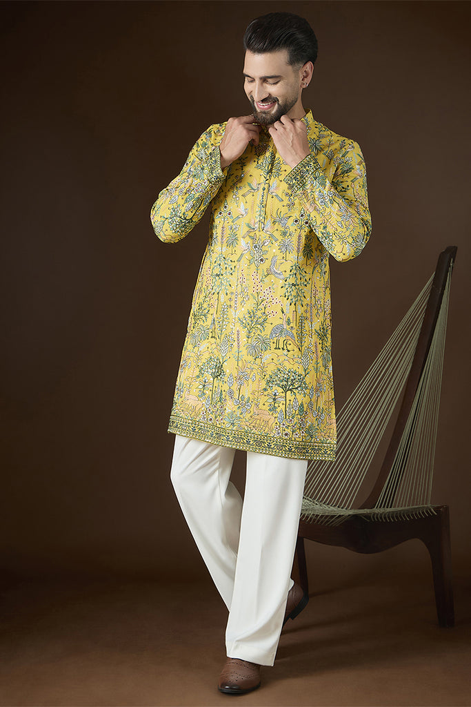 Yellow Georgette Solid Embroidered Kurta With Trouser MKSET2727