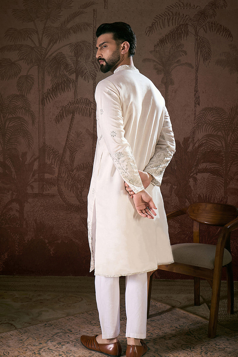 White Silk Blend Floral Embroidered Straight Kurta With Trouser MKSET1784