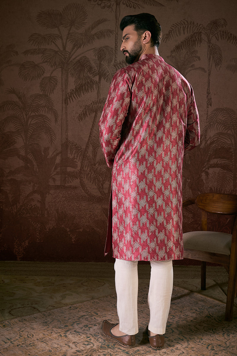 Maroon Silk Blend Chevron Printed Straight Kurta With Trouser MKSET1904