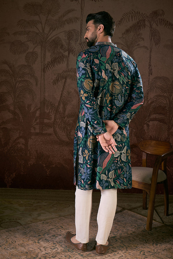 Blue Silk Blend Floral Printed Straight Kurta MKU1962