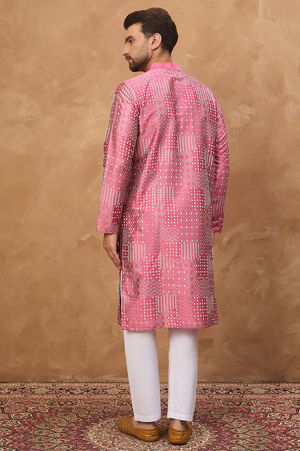 Pink Silk Blend Geometric Printed Straight Kurta MKU1526