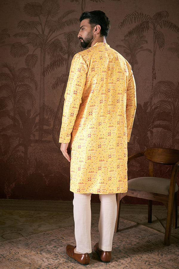 Yellow Silk Blend Ethnic Motifs Printed Straight Kurta With Trouser MKSET1936