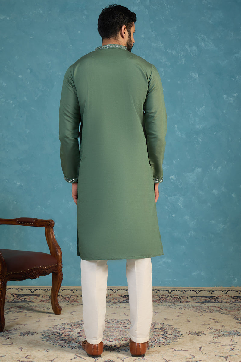 Green Silk Blend Solid Emboidered Sequins Kurta With Trouser MKSET2279