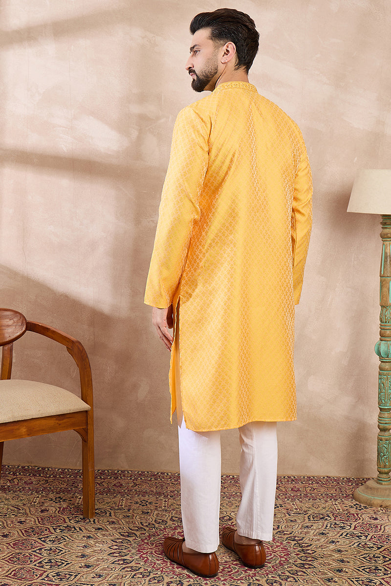 Yellow Silk Blend Solid Embroidered Straight Kurta With Trouser MKSET1837
