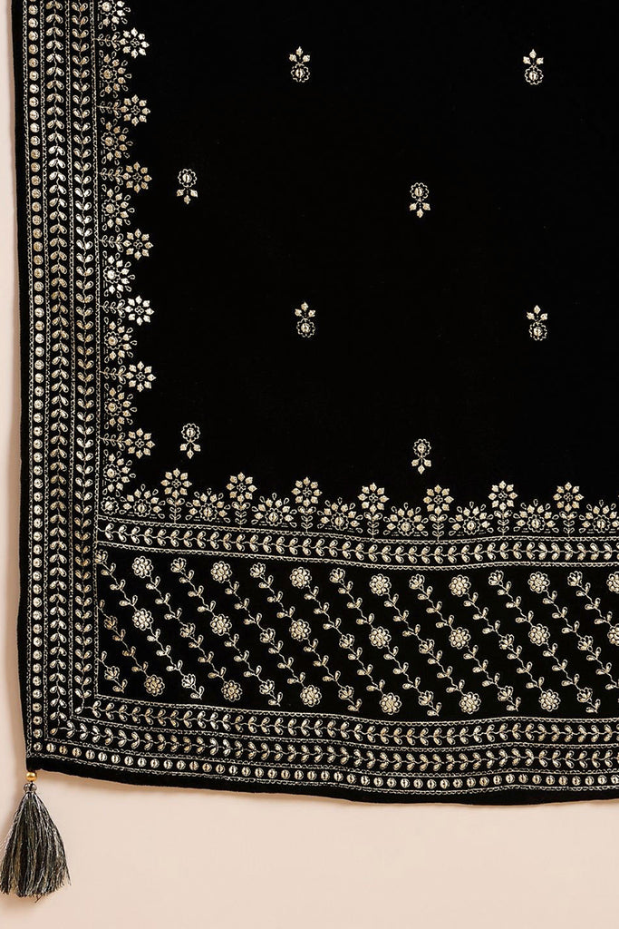 Black Velvet Ethnic Motifs Printed Straight Trousers Suit Set PKSKD2922
