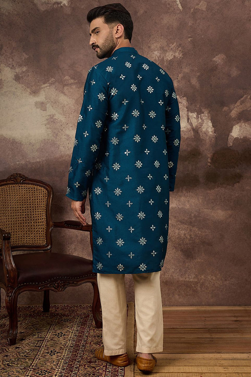 Blue Silk Blend Solid Embroidered Straight Kurta With Pant Set MKSET1371