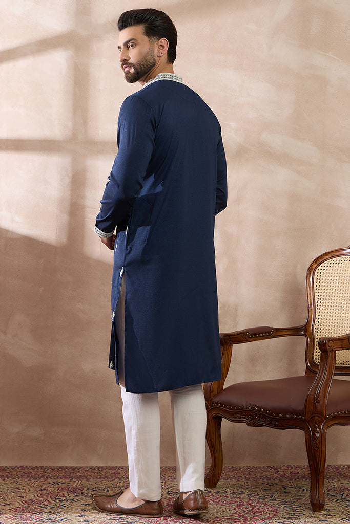 Navy Blue Silk Blend Embroidered Mandarin Collar Straight Kurta With Trouser MKSET1795