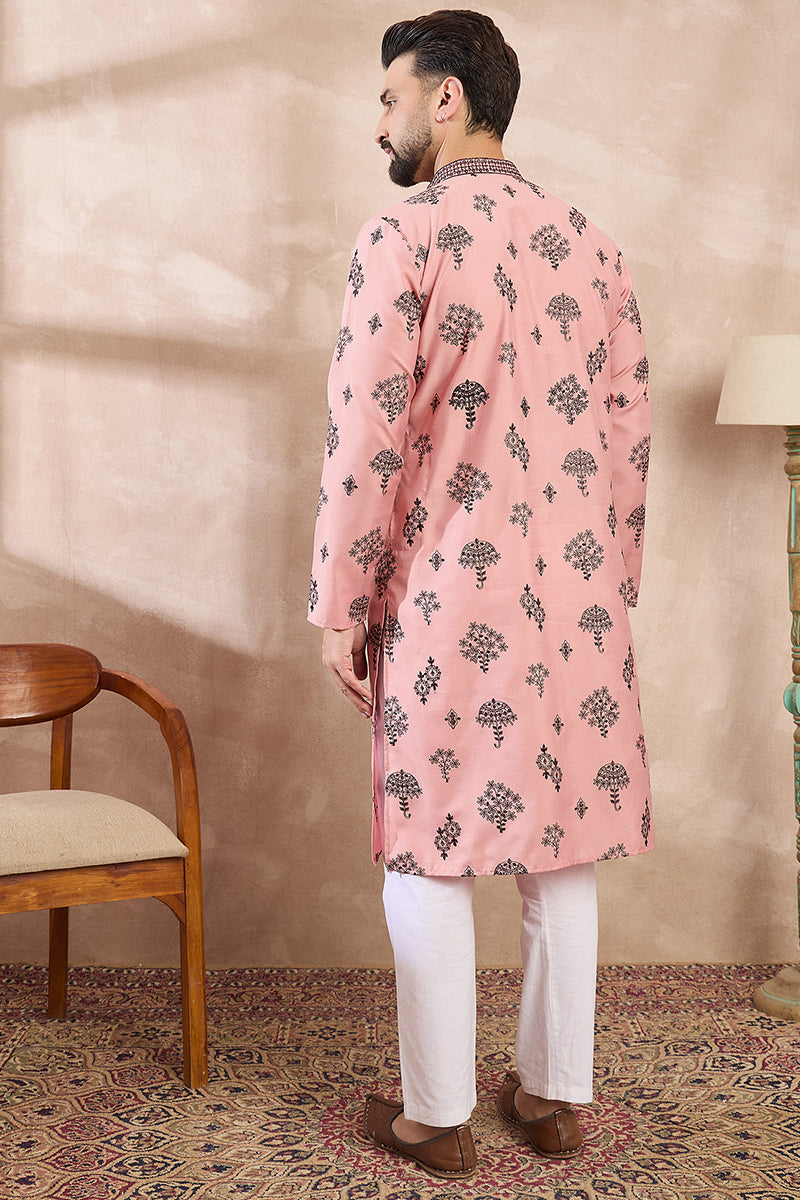 Peach Silk Blend Solid Embroidered Straight Kurta With Trouser MKSET1804
