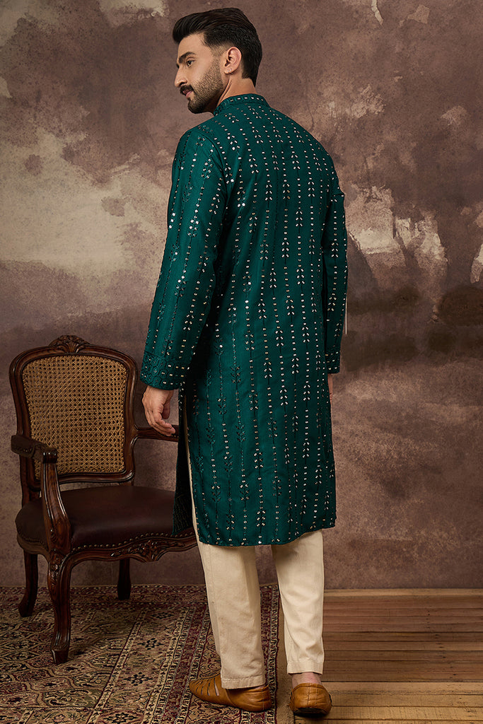 Teal Silk Solid Embroidered Straight Kurta MKU1357