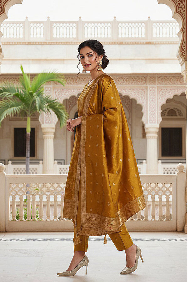 Mustard Silk Blend Ethnic Motifs Woven Design Straight Suit Set PKSKD2406