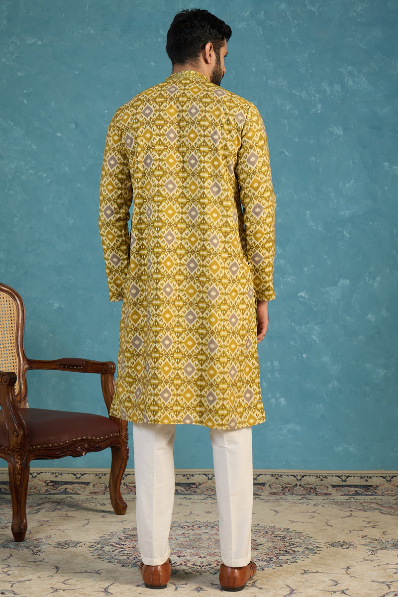 Green Silk Blend Ethnic Motifs Ikat Printed Kurta MKU1894