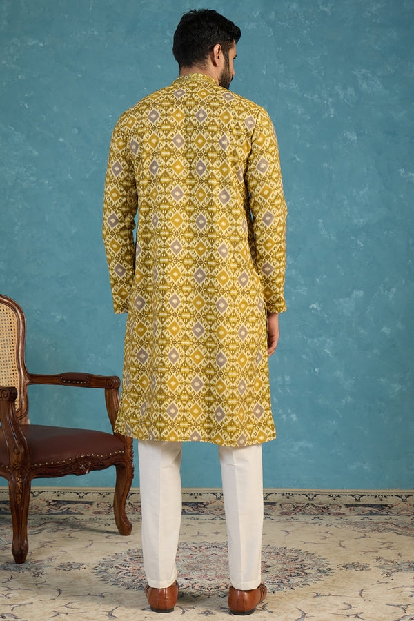 Green Silk Blend Ethnic Motifs Ikat Printed Kurta MKU1894