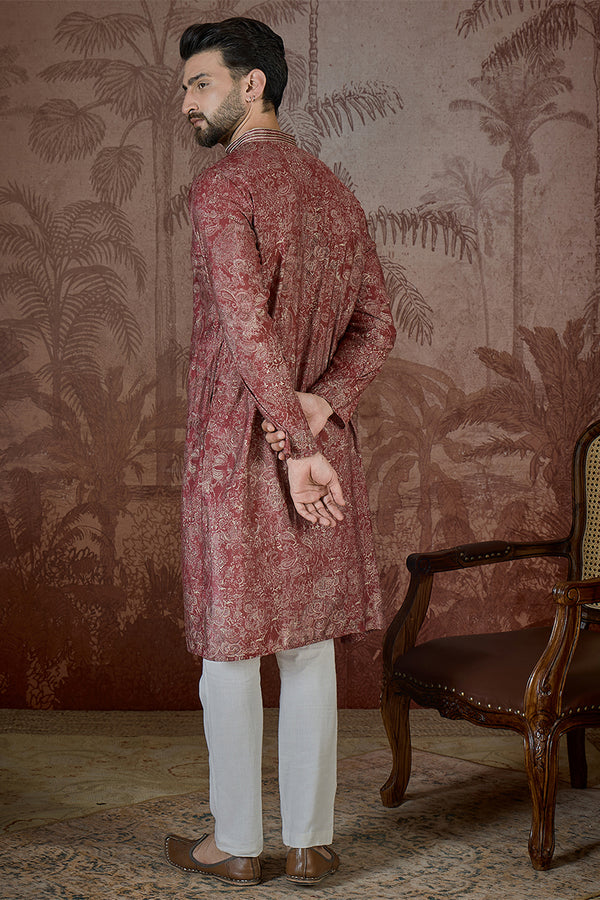 Maroon Silk Blend Floral Printed Kurta With Trouser MKSET2577