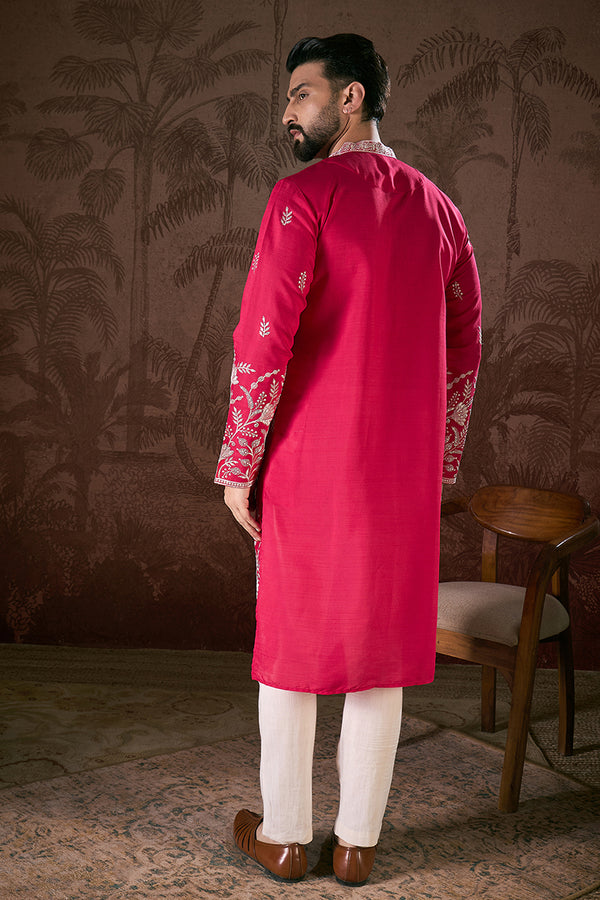 Pink Silk Blend Solid Embroidered Straight Kurta MKU1943