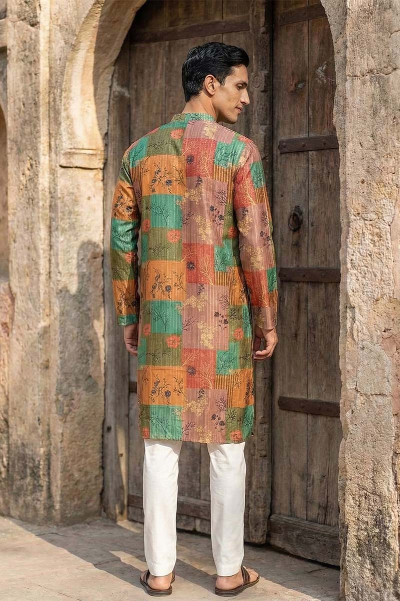 Multi Silk Blend Printed Straight Kurta With Trousers MKSET2077