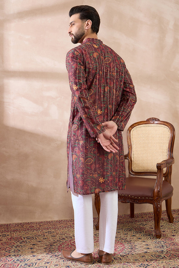 Maroon Silk Blend Printed Mandarin Collar Straight Kurta MKU2024