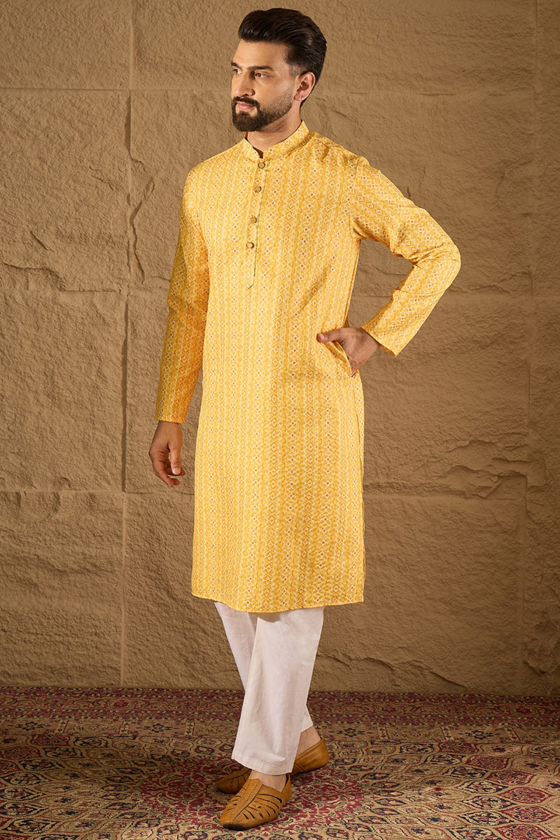 Yellow Silk Blend Geometric Embroidered Straight Kurta with Trouser MKSET1313