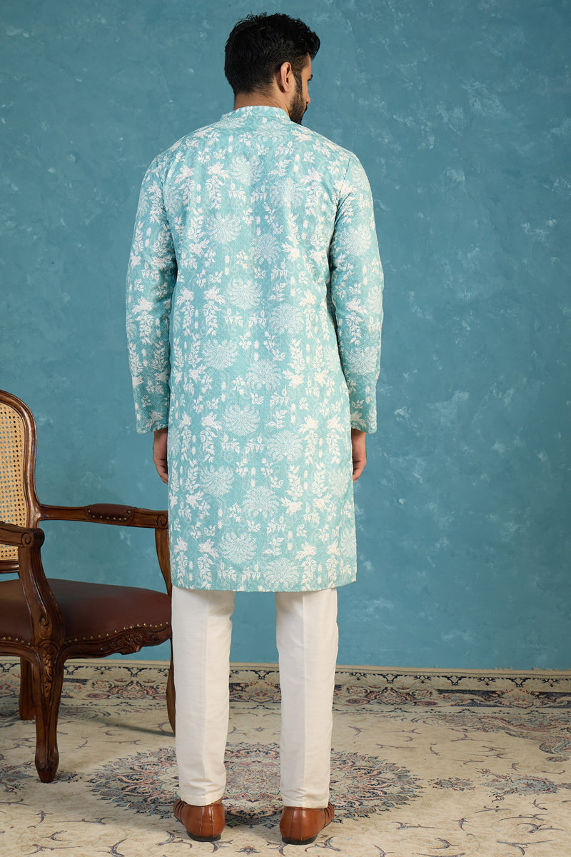 Teal Viscose Rayon Embroidered Calf Length Straight Regular Kurta With Trouser MKSET1765