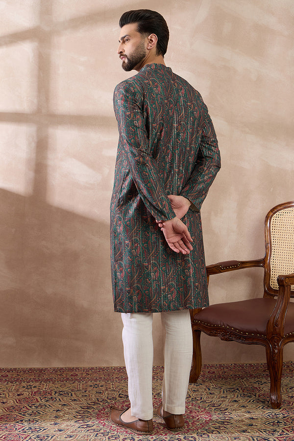 Green Silk Blend Printed Mandarin Collar Straight Kurta MKU2050