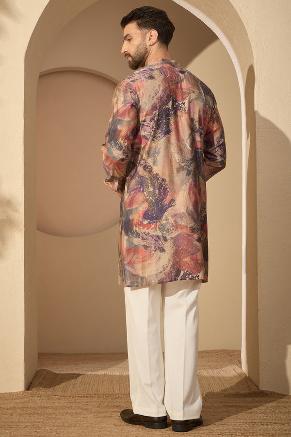 Multi Silk Blend Abstract Printed Mandarin Collar Kurta With Trouser MKSET2621