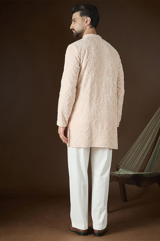 Peach Georgette Solid Embroidered Kurta With Trouser MKSET2731