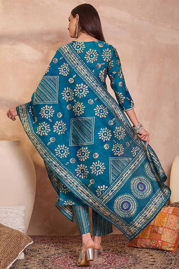 Blue Cotton Blend Abstract Printed Straight Kurta Trouser With Dupatta VKSKD3212