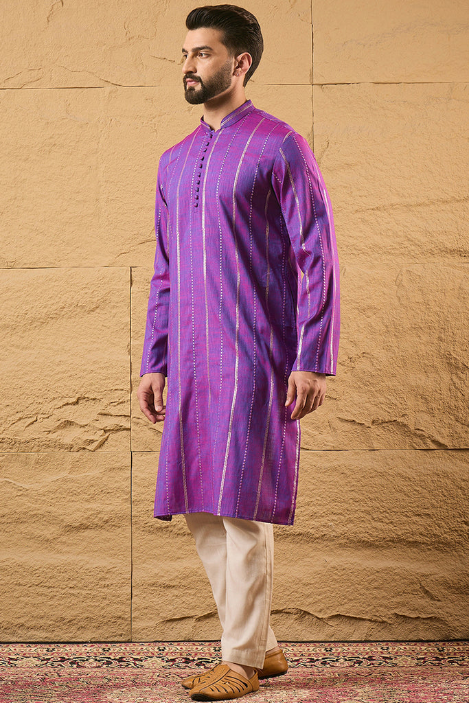 Purple Pure Cotton Solid Embroidered Straight Kurta with Trouser MKSET1194