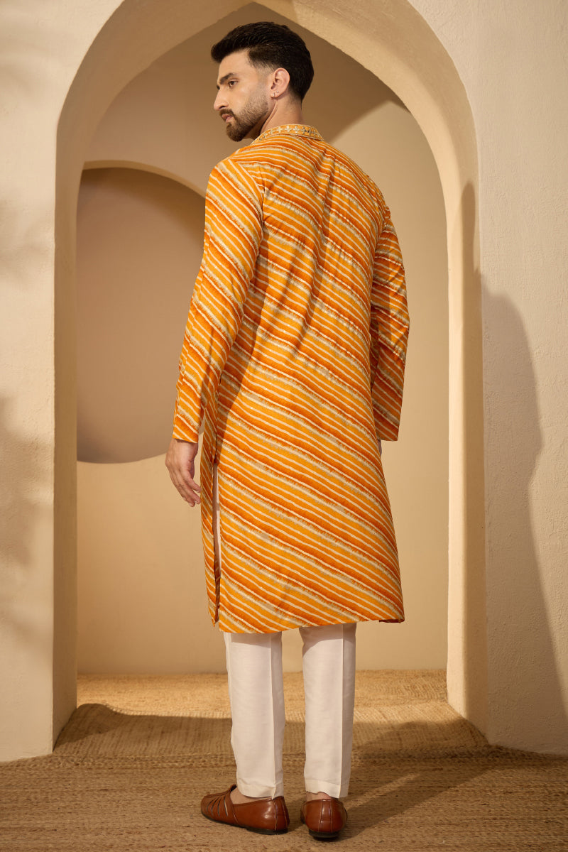 Yellow Rayon Leheriya Printed V-Neck Kurta With Trouser MKSET2755