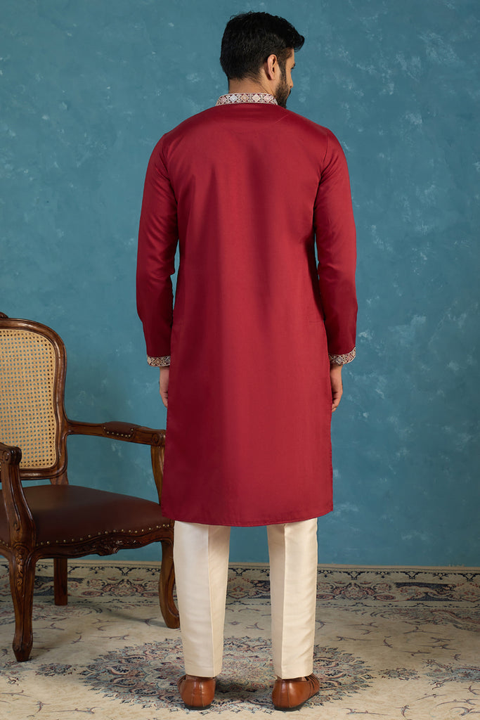 Silk Blend Maroon Solid Embroidered Calf Length Straight Kurta MKU2100