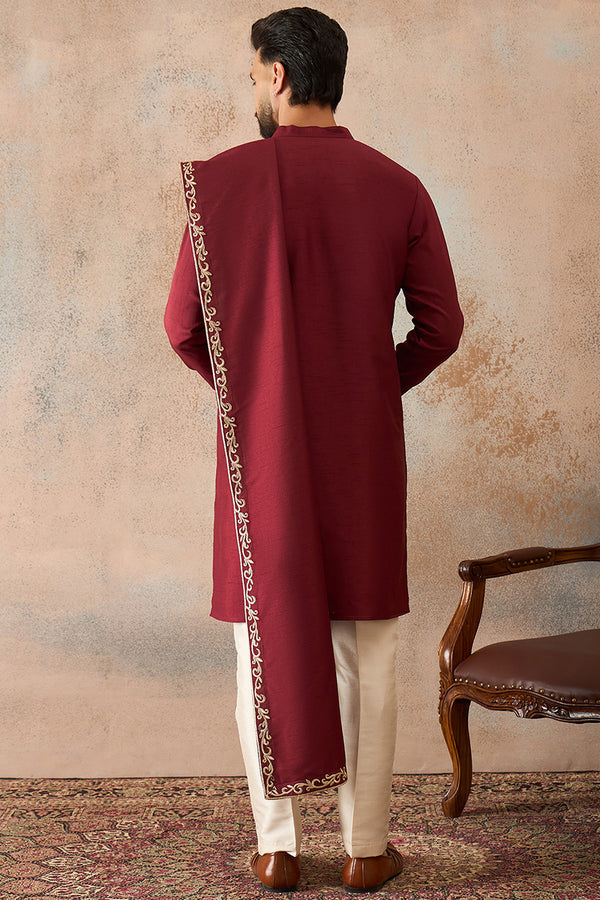 Maroon Silk Blend Solid Embroidered Kurta & Trouser With Dupatta MKPD1036